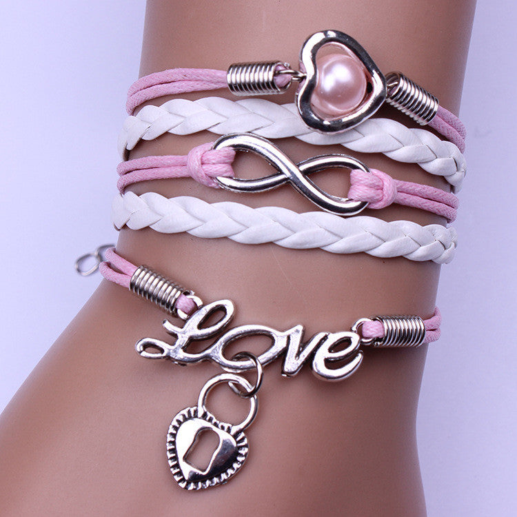 Peach Heart Lock Love Pink Woven Bracelet