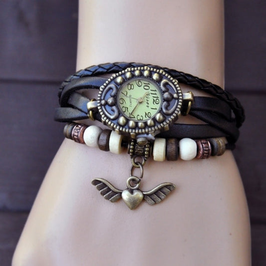 Women's Vintage Style Bronze Angel Heart Weave Wrap Synthetic Leather Bracelet Wrist Watch