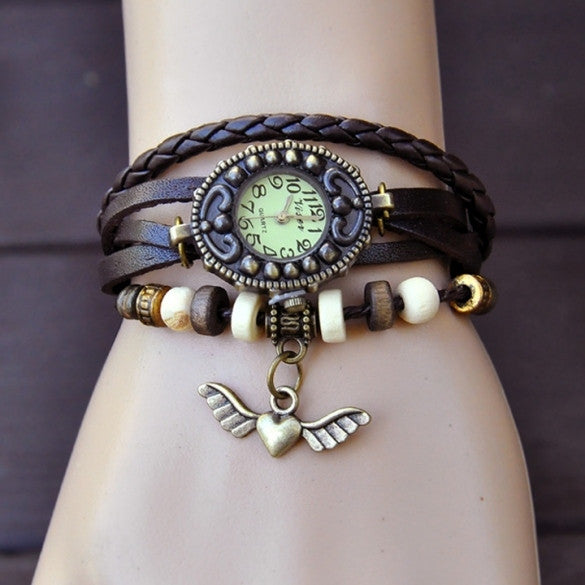 Women's Vintage Style Bronze Angel Heart Weave Wrap Synthetic Leather Bracelet Wrist Watch