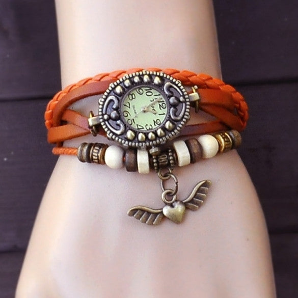 Women's Vintage Style Bronze Angel Heart Weave Wrap Synthetic Leather Bracelet Wrist Watch