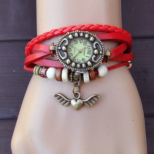 Women's Vintage Style Bronze Angel Heart Weave Wrap Synthetic Leather Bracelet Wrist Watch