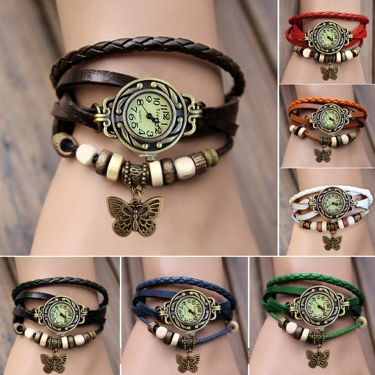 Women Leather Wrist Watch Bracelet Retro Butterfly Pendant Weave Wrap Quartz