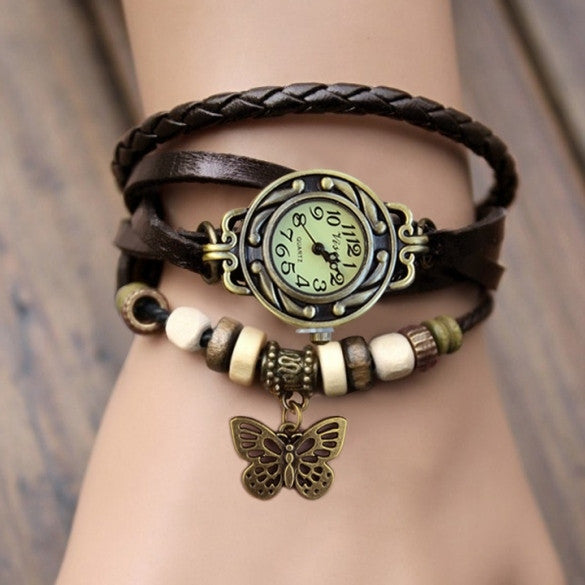 Women Leather Wrist Watch Bracelet Retro Butterfly Pendant Weave Wrap Quartz