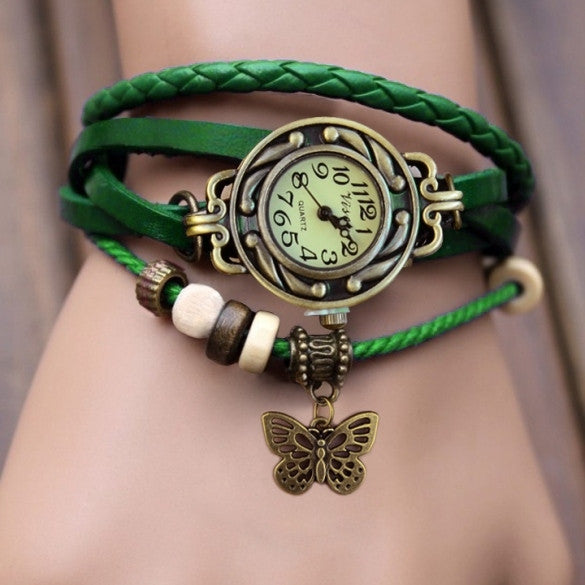 Women Leather Wrist Watch Bracelet Retro Butterfly Pendant Weave Wrap Quartz