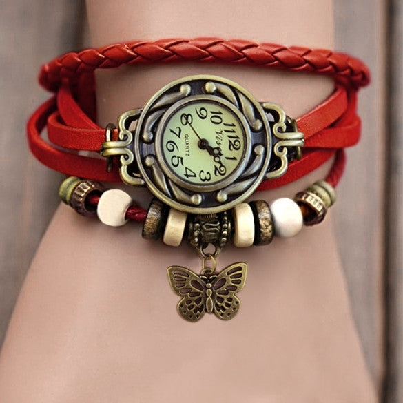 Women Leather Wrist Watch Bracelet Retro Butterfly Pendant Weave Wrap Quartz