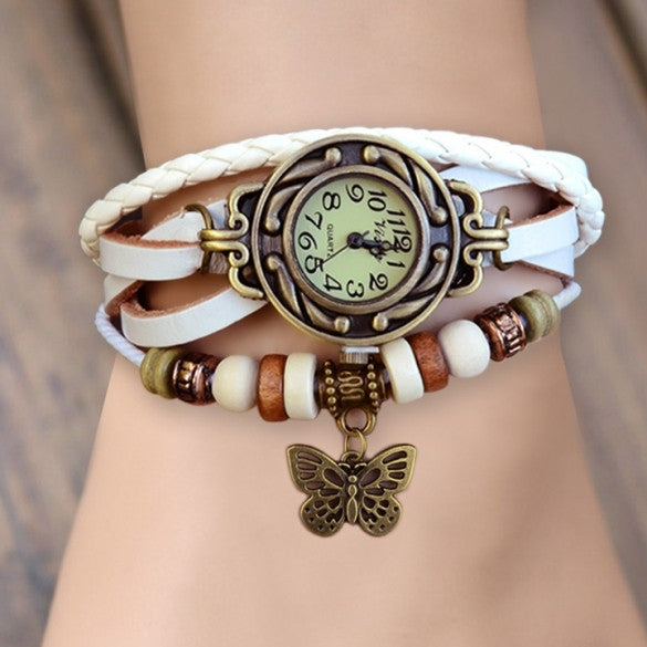 Women Leather Wrist Watch Bracelet Retro Butterfly Pendant Weave Wrap Quartz