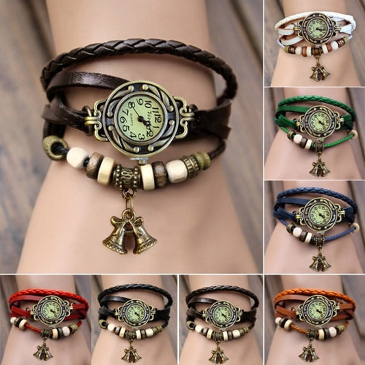 Women's Quartz Bell Pendant Weave Wrap Synthetic Leather Bracelet Wrist Watch