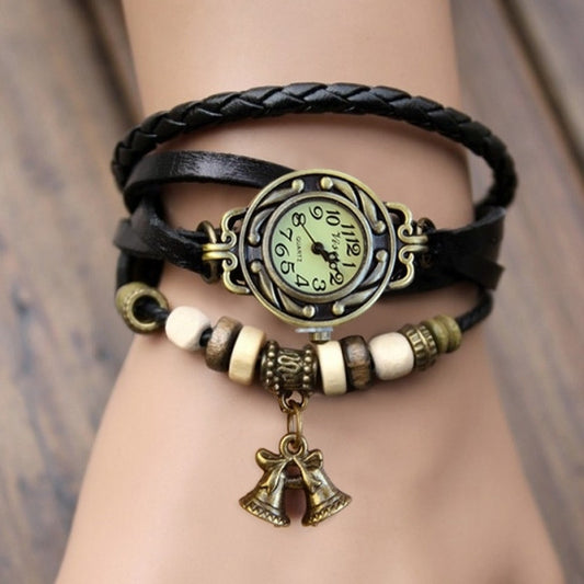 Women's Quartz Bell Pendant Weave Wrap Synthetic Leather Bracelet Wrist Watch