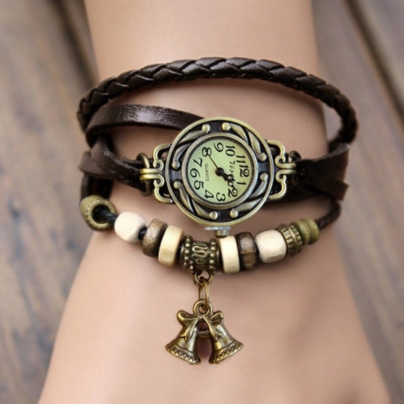 Women's Quartz Bell Pendant Weave Wrap Synthetic Leather Bracelet Wrist Watch