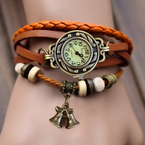 Women's Quartz Bell Pendant Weave Wrap Synthetic Leather Bracelet Wrist Watch