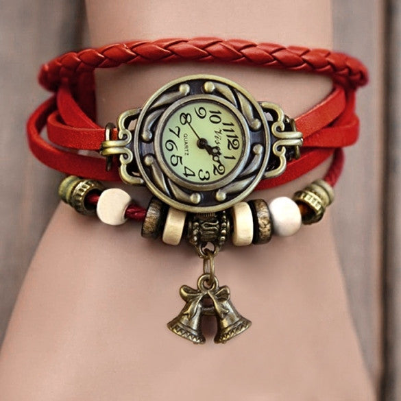 Women's Quartz Bell Pendant Weave Wrap Synthetic Leather Bracelet Wrist Watch