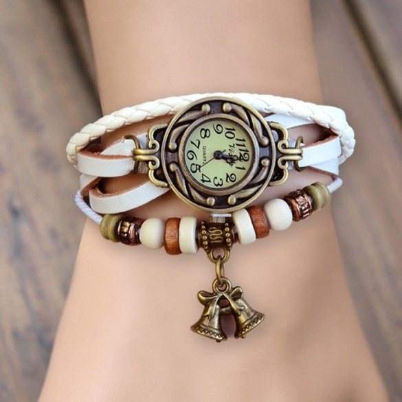 Women's Quartz Bell Pendant Weave Wrap Synthetic Leather Bracelet Wrist Watch