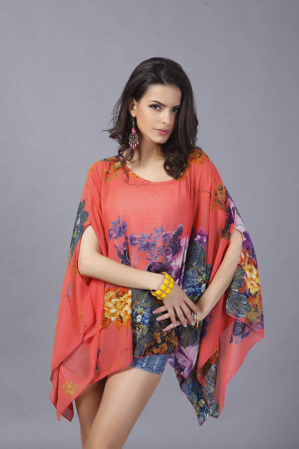 Beautiful Chiffon Plus Size Floral Print Batwing-Sleeved Blouse