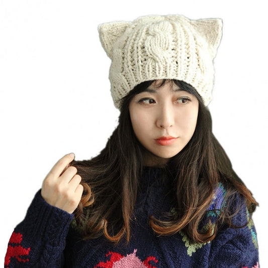 Women Horns Cat Ear Crochet Braided Knit Ski Beanie Wool Hat Cap