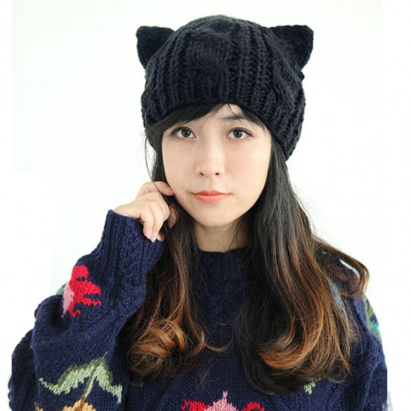 Women Horns Cat Ear Crochet Braided Knit Ski Beanie Wool Hat Cap