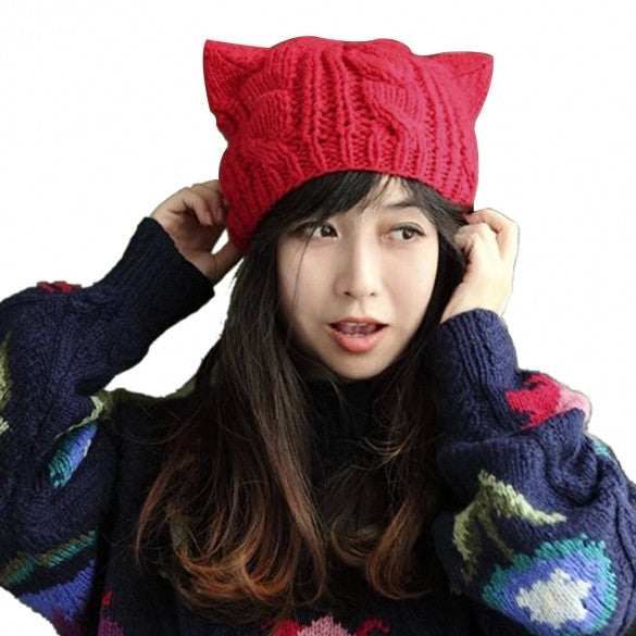 Women Horns Cat Ear Crochet Braided Knit Ski Beanie Wool Hat Cap