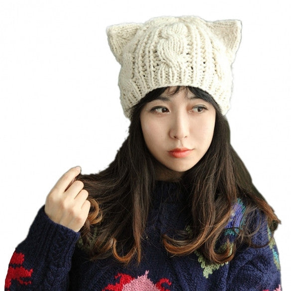 Women Horns Cat Ear Crochet Braided Knit Ski Beanie Wool Hat Cap