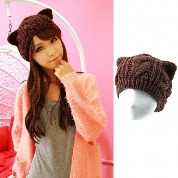 Women Horns Cat Ear Crochet Braided Knit Ski Beanie Wool Hat Cap