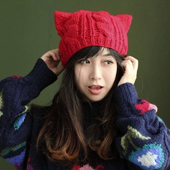 Women Horns Cat Ear Crochet Braided Knit Ski Beanie Wool Hat Cap