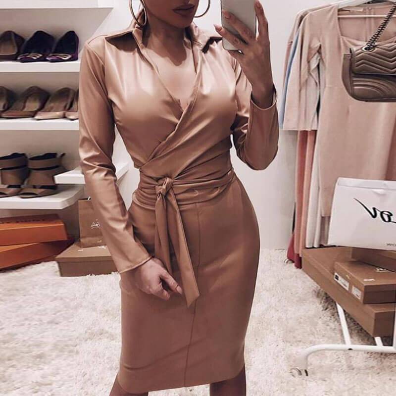 PU Skinny Tie Waist Midi Leather Dress