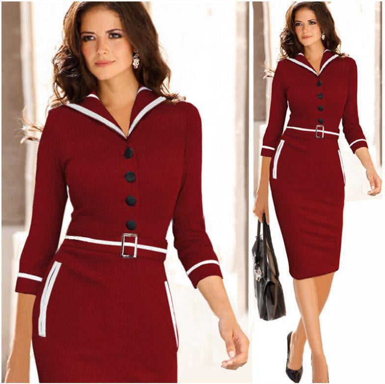Turn-down Collar 3/4 Sleeves Pencil Patchwork Knee-length Dress