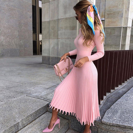 Plain High Waist Long Sleeve Pleated Dress