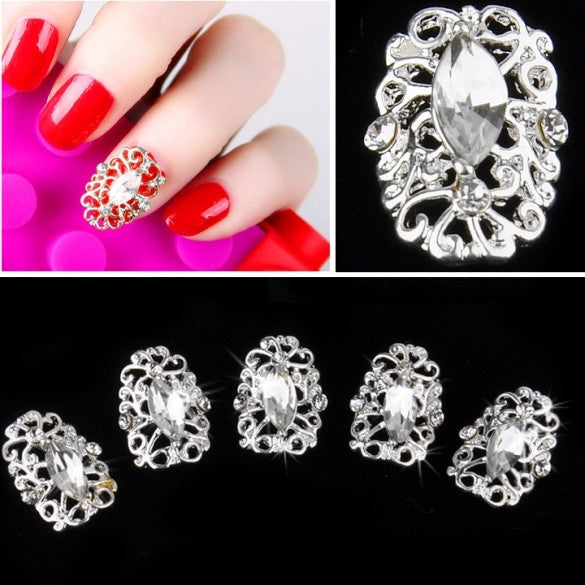 Silver Plate 3D Hollow Crystal Full Nail Art Metallic Alloy Rhinestone Stickers