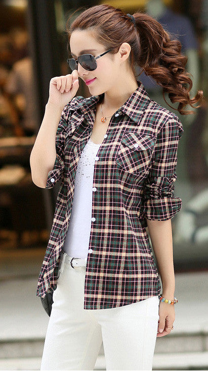 Turn-down Collar Plaid Flower Print Long Sleeves Slim Button Blouse