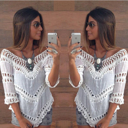 V-neck 3/4 Sleeves Hollow Bohemian Lace Chiffon Blouse