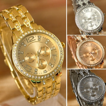 Luxury Gold Crystal Quartz Rhinestone Date Lady Women Wrist Watch