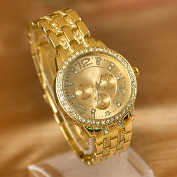 Luxury Gold Crystal Quartz Rhinestone Date Lady Women Wrist Watch