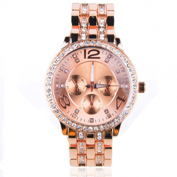 Luxury Gold Crystal Quartz Rhinestone Date Lady Women Wrist Watch