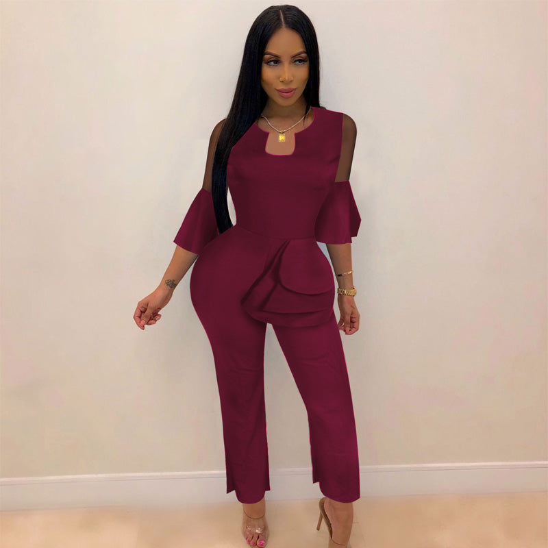 Summer Long Sleeves Wide Leg Ruffled Irregular Jumpsuit