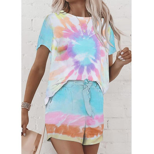 Tie-dye Bandage Short Sleeve Blouse Short Pants Sets