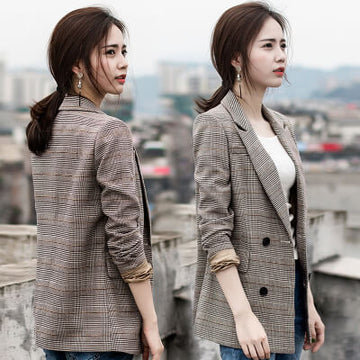 Lattice Pockets Lapel Slim Women Blazer