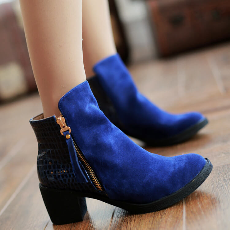 PU Chunky Heel Patchwork Round Toe Ankle Boots