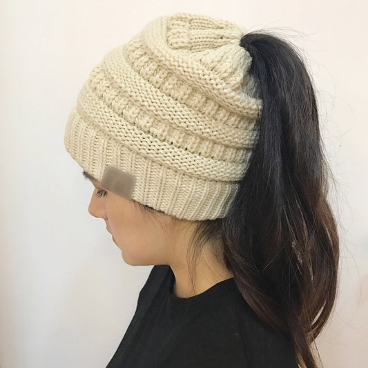 Women's Winter Outdoor Warm Wool Hat Empty Top Horsetail Knitted Hat