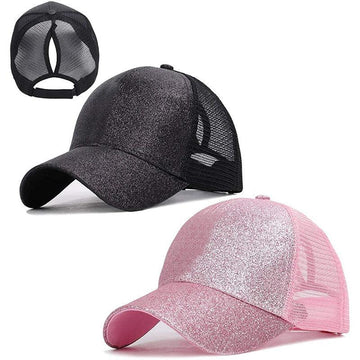 Clearance BRIGHT PINK SEQUIN Gold Powder Horsetail Baseball Cap