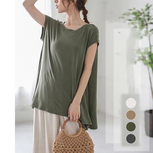 Casual Simple Loose Solid Color Pleated Round-Neck Short Sleeves T-Shirt Tops