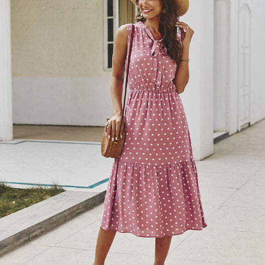 Retro Polka Dots Empire Waist Sleeveless Midi Dress