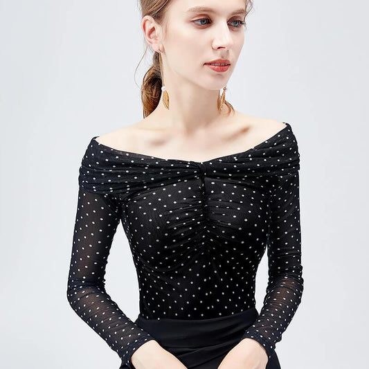 Off Shoulder Polka Pot Long Sleeve Loose Blouses