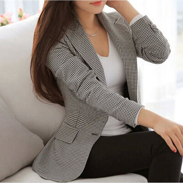 Lattice Pockets Lapel Slim Women Blazer