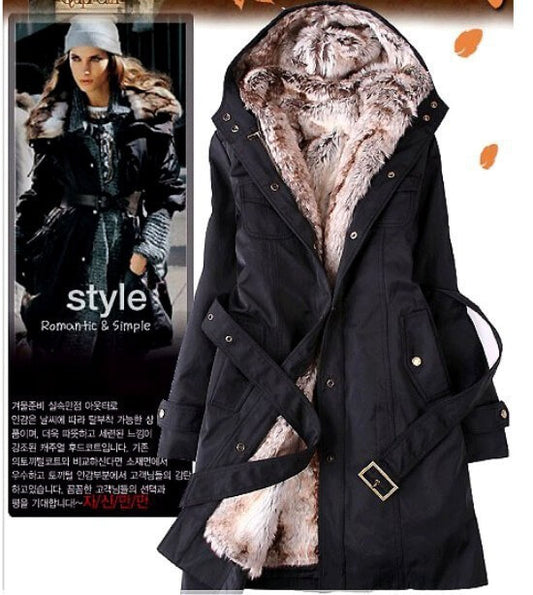 Solid Black Fleece Zipper Closure Hooded Coat