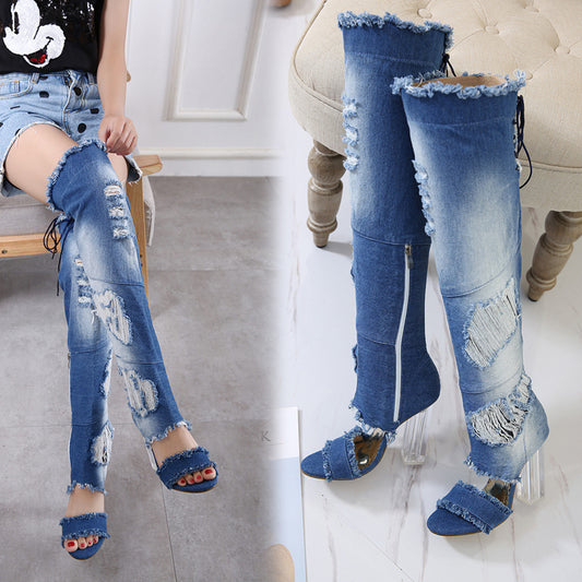 Thick Heel Worn Denim Tassel High-Heeled Sandals