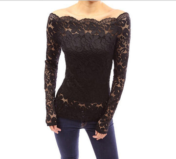 Fashion Hook Flower Hollow Out Lace Off Shoulder Blouse