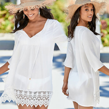 Pleated Lace Beach Holiday Dress Sunscreen Beach Coat Swimsuit Blouse