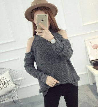 High Neck Bare Shoulder Pure Color Knit Blouse