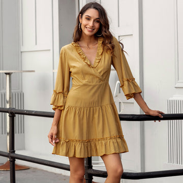 Deep V Neck Bubble 3/4 Sleeve Yellow Dress