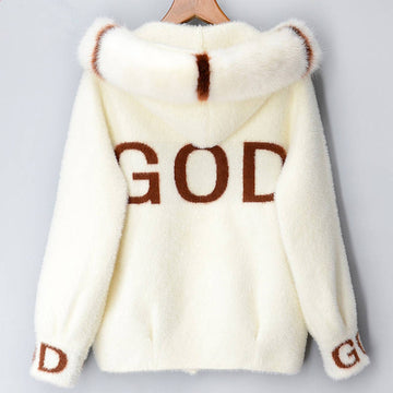 Imitation Mink Hooded Short Sweater Coat Women's Loose Thick Imitation Mink Wool Lantern Sleeve Cardigan