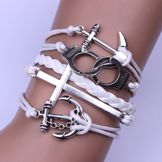 Handcuffs Anchor White Wax String Woven Bracelet